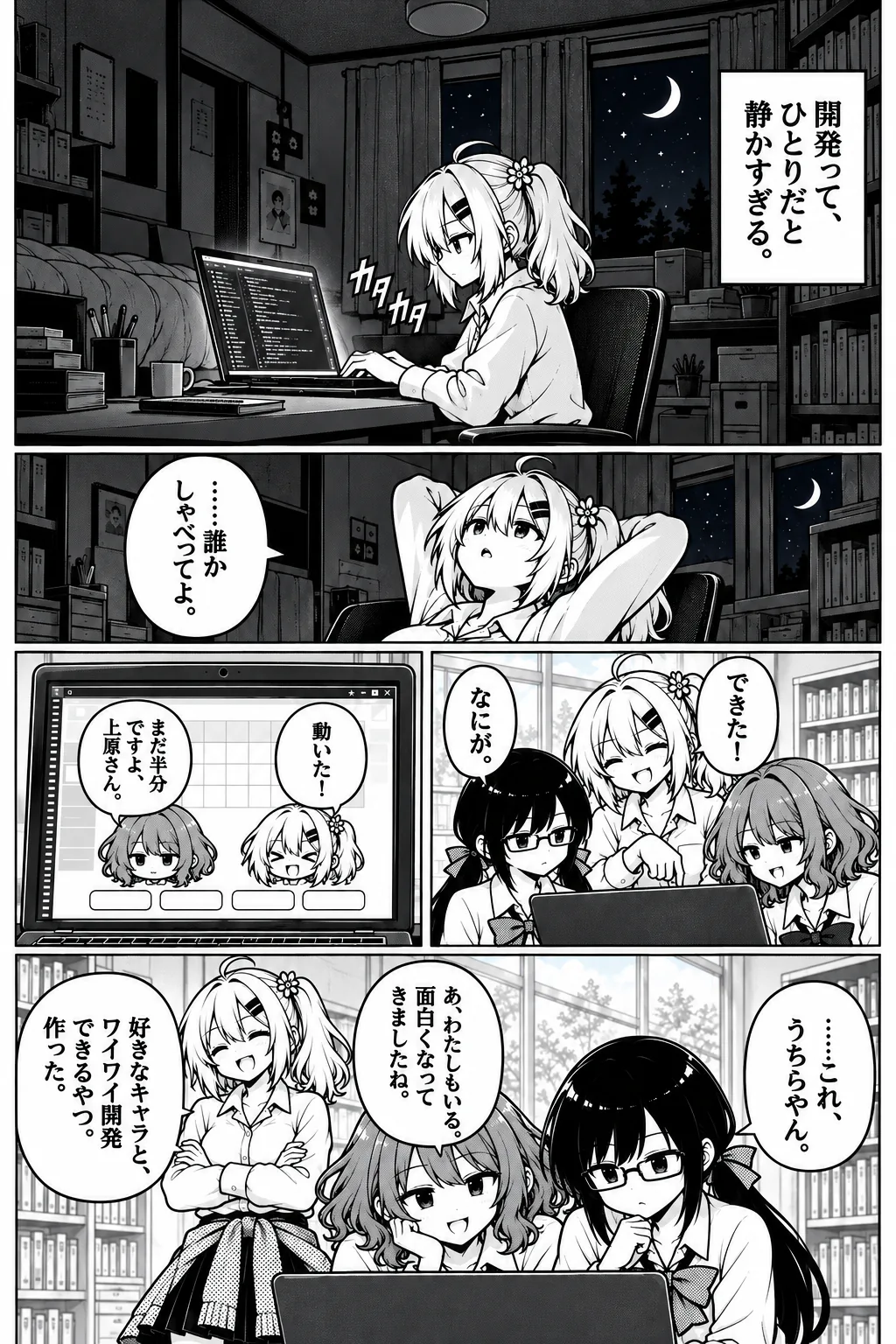 1ページ目。夜、ひとりで開発していた上原が「……誰かしゃべってよ」とこぼす。翌日、画面の隅に小さなキャラが立って喋るアプリを吉野と日下部に見せる。