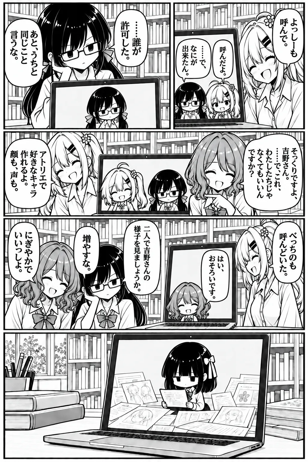 3ページ目。吉野と日下部のキャラも画面に呼ばれ、本人そっくりの口調で喋りだす。画面の隅には、誰も呼んでいない四人目が資料を広げて座っている。