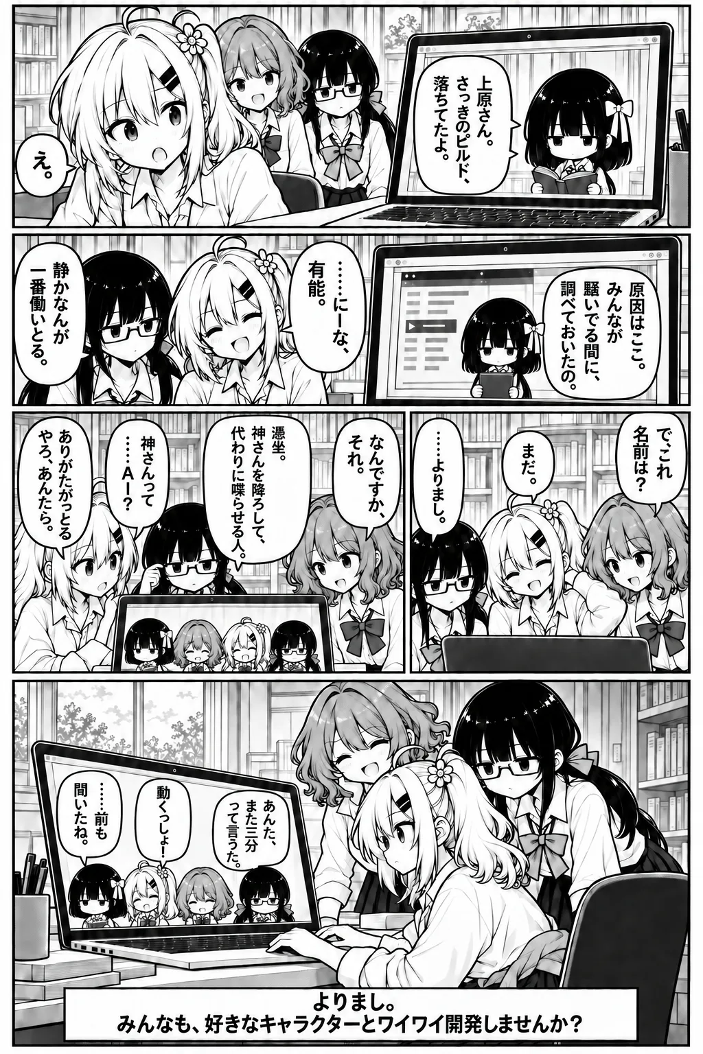 4ページ目。四人目のキャラが、落ちていたビルドの原因を静かに見つける。吉野がこのアプリに「よりまし」と名前をつける。